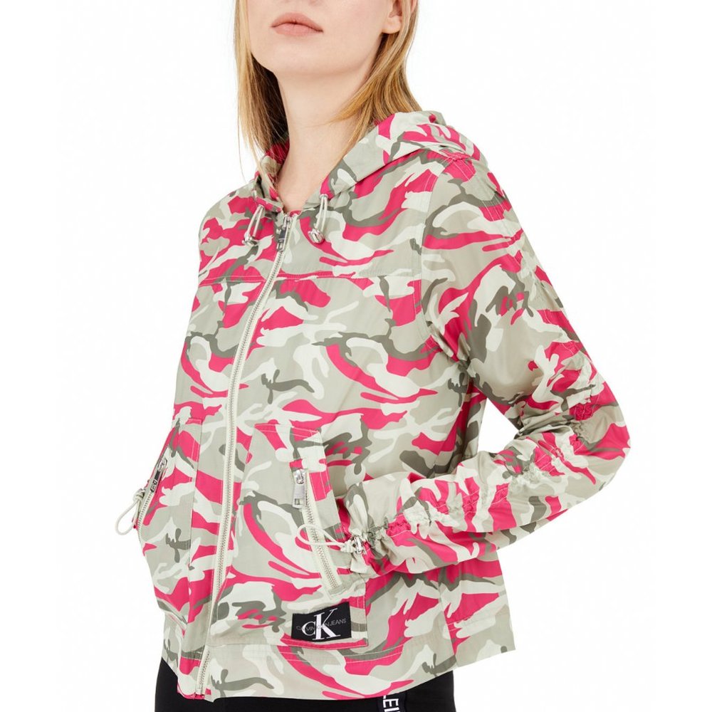 Women Rain Jacket Calvin Klein Jeans Camo Print Hooded Water Resistant Utility
